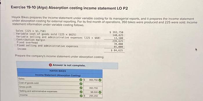 Solved Exercise 19 10 Algo Absorption Costing Income Chegg