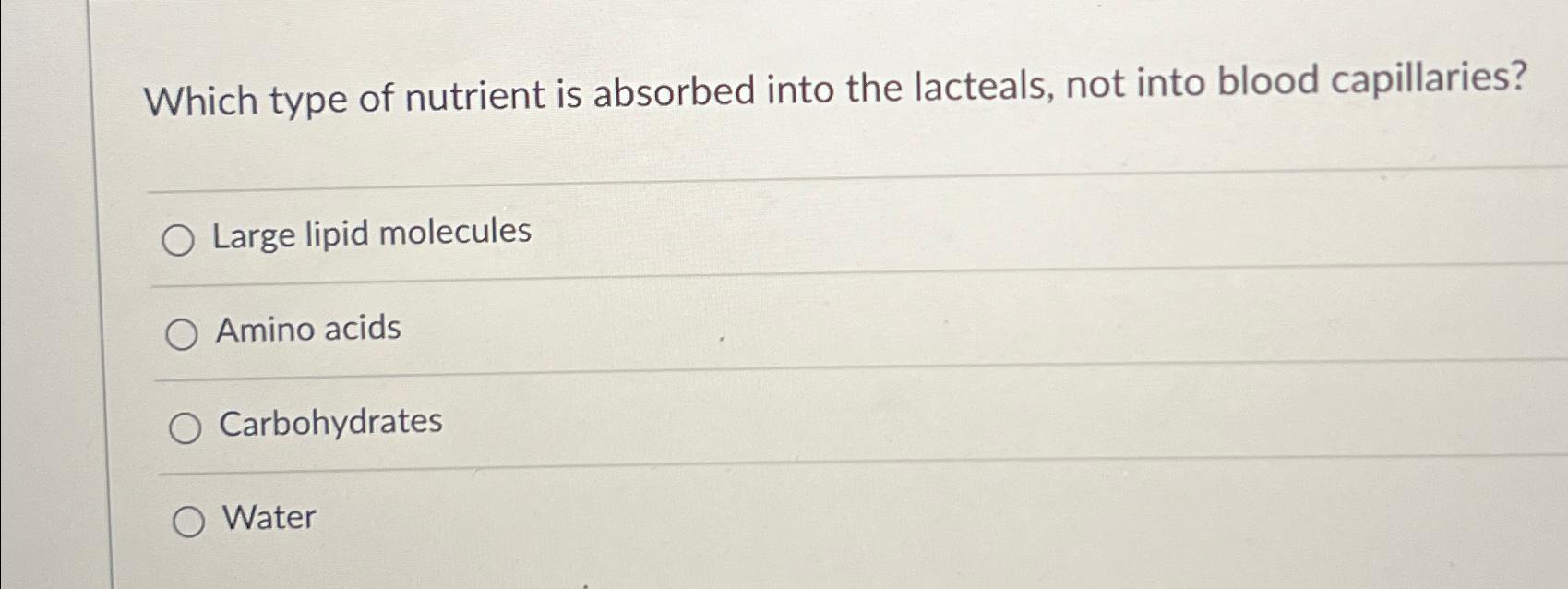 Solved Which Type Of Nutrient Is Absorbed Into The Lacteals Chegg