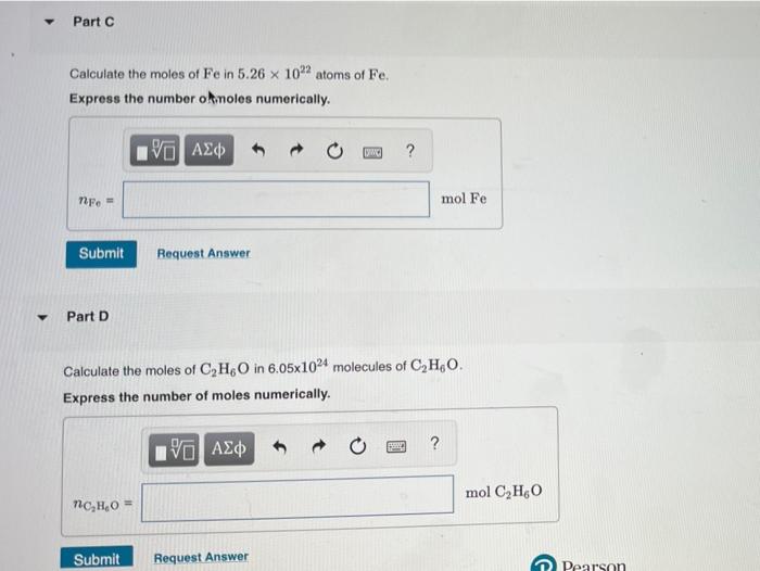 Solved Part C Calculate The Moles Of Fe In X Atoms Chegg