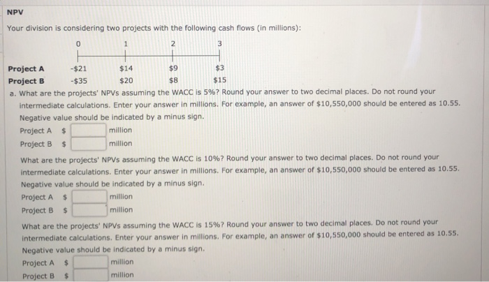 Solved Npv Your Division Is Considering Two Projects With Chegg