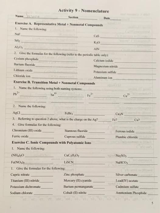 Solved Activity Nomenclature Namen Section Date Exercise Chegg