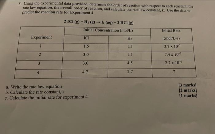 Solved 5 Using The Experimental Data Provided Determine Chegg