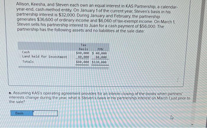 Solved Allison Keesha And Steven Each Own An Equal Chegg