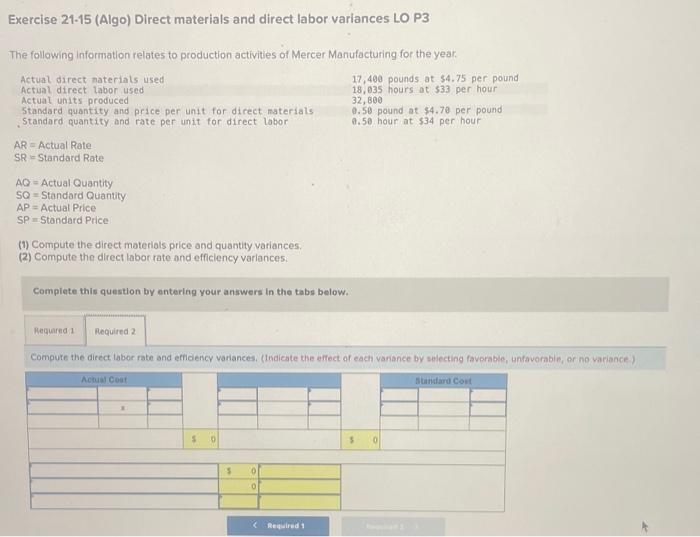 Solved Exercise 21 15 Algo Direct Materials And Direct Chegg