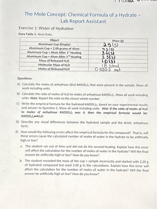 Solved The Mole Concept Chemical Formula Of A Hydrate Lab Chegg