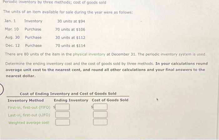 Solved Periodic Inventory By Three Methods Cost Of Goods Chegg