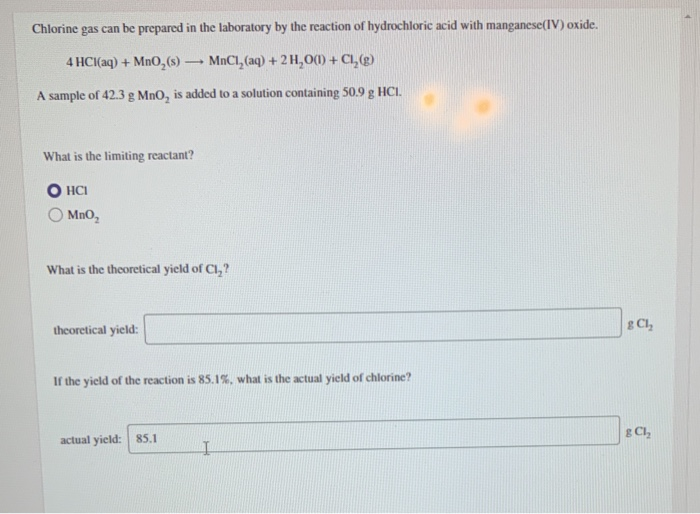 Solved Chlorine Gas Can Be Prepared In The Laboratory By The Chegg