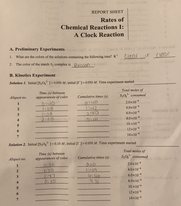 Report Sheet Rates Of Chemical Reactions I A Clock Chegg