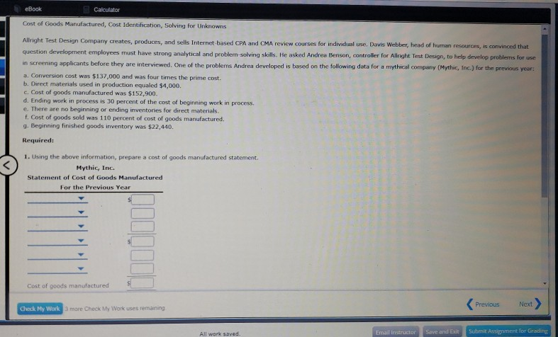 Solved EBook Calculator Cost Of Goods Manufactured Cost Chegg