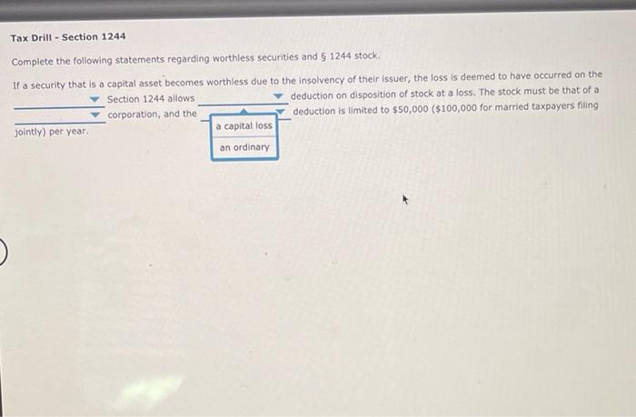 Solved Tax Drill Section 1244 Complete The Following Chegg