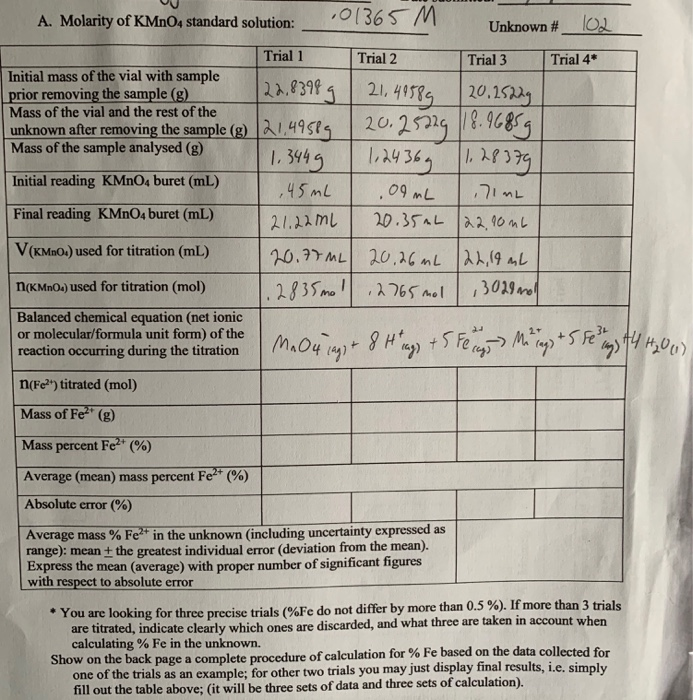 Solved A Molarity Of Kmno Standard Solution M Chegg