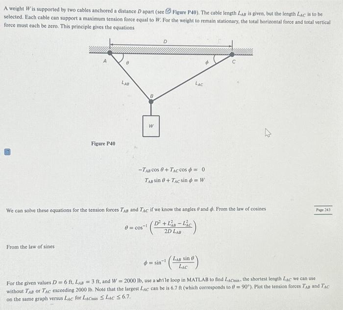 Solved A Weight W Is Supported By Two Cables Anchored A Chegg