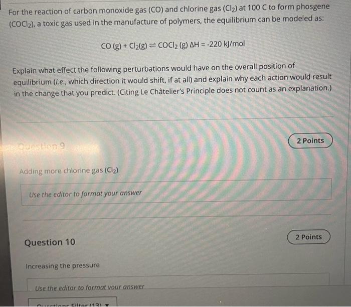 Solved For The Reaction Of Carbon Monoxide Gas Co And Chegg