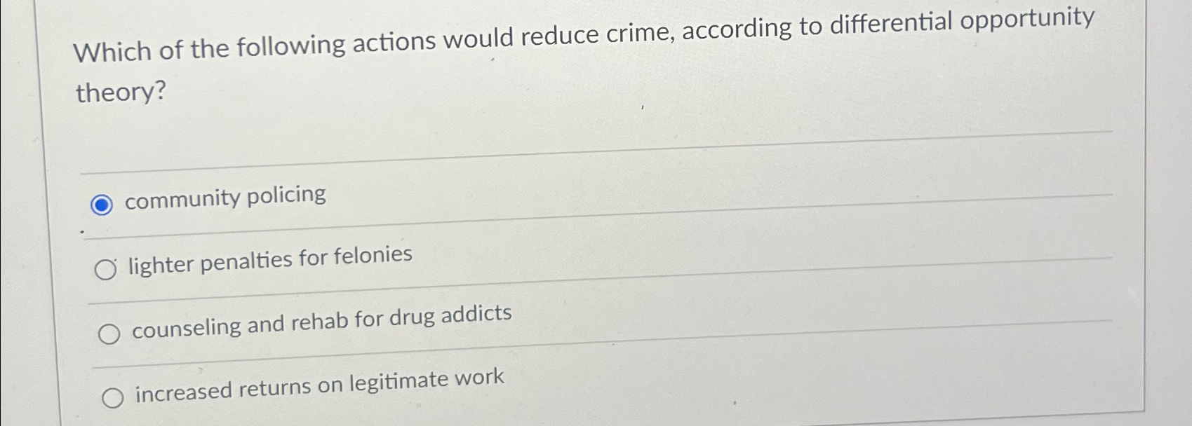 Solved Which Of The Following Actions Would Reduce Crime Chegg