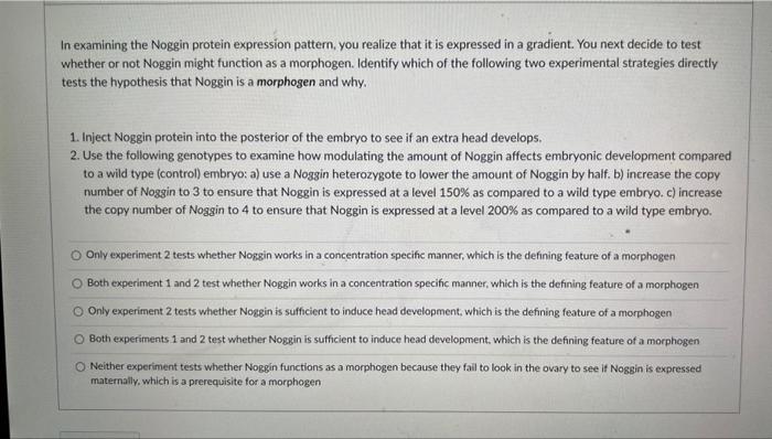 Solved In Examining The Noggin Protein Expression Pattern Chegg