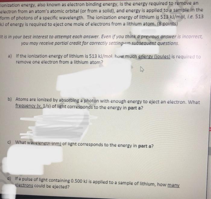 Solved Lonization Energy Also Known As Electron Binding Chegg