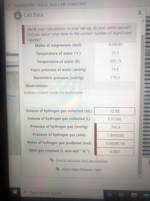 Solved CHEMISTRY IDEAL GAS LAW CONSTANT Х À Lab Data Verify Chegg