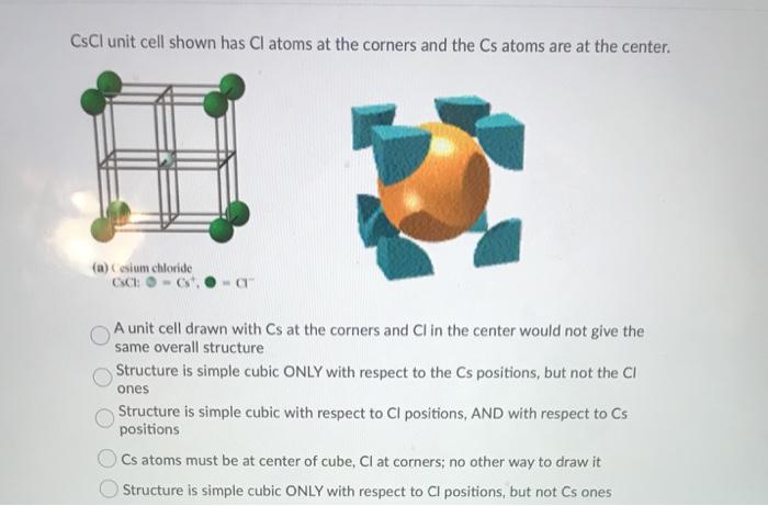 Solved Cscl Unit Cell Shown Has Cl Atoms At The Corners Chegg