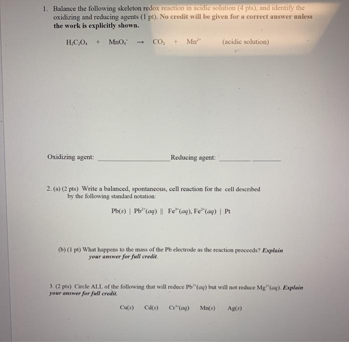 Solved 1 Balance The Following Skeleton Redox Reaction In Chegg