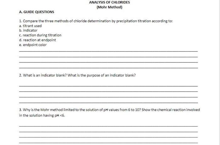 Solved Analysis Of Chlorides Mohr Method A Guide Chegg