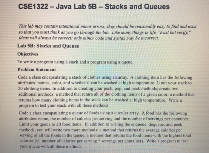 Solved Cse Java Lab B Stacks And Queues This Lab Chegg