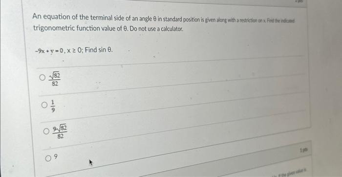 Solved An equation of the terminal side of an angle θ in Chegg