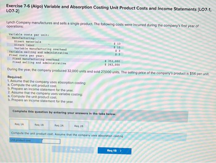 Solved Exercise Algo Variable And Absorption Costing Chegg