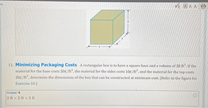 Solved L A A A 11 Minimizing Packaging Costs A Rectangular Chegg