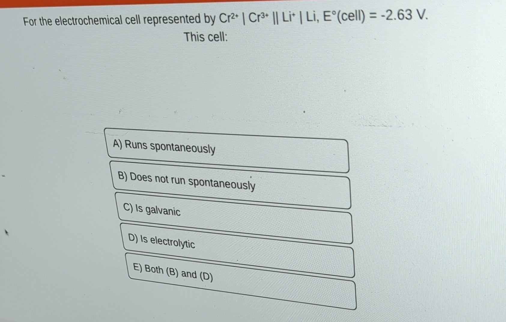 Solved For The Electrochemical Cell Represented By Chegg