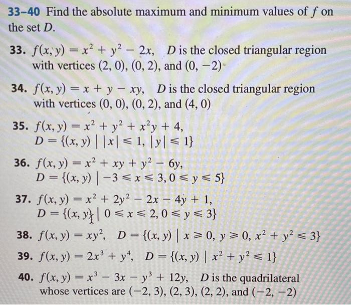 Solved 33 40 Find The Absolute Maximum And Minimum Values Of Chegg