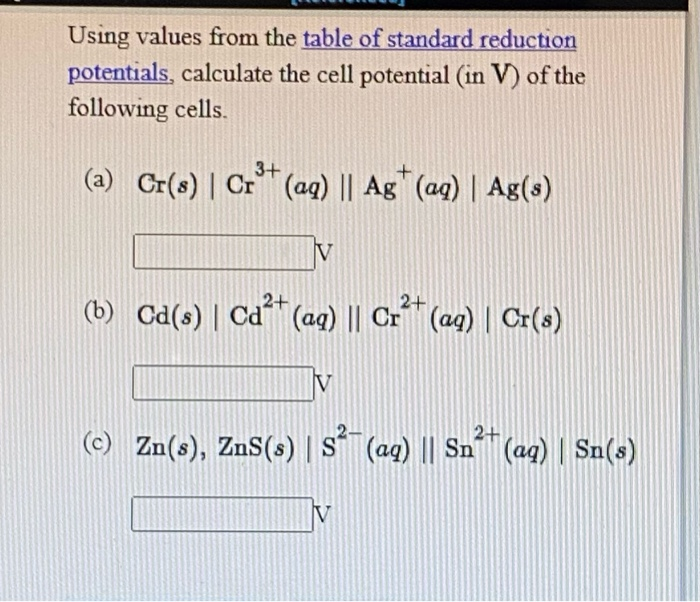 Solved Using Values From The Table Of Standard Reduction Chegg