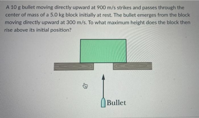 Solved A 10 G Bullet Moving Directly Upward At 900 M S Chegg