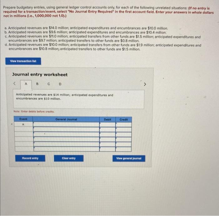 Solved Prepare Budgetary Entries Using General Ledger Chegg