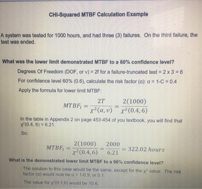 CHI Squared MTBF Calculation Example A System Was Chegg