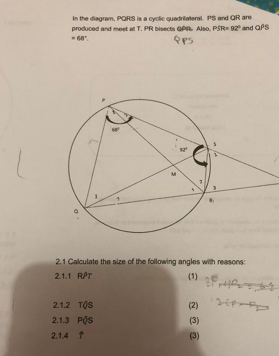 Solved In The Diagram Pqrs Is A Cyclic Quadrilateral Ps Chegg