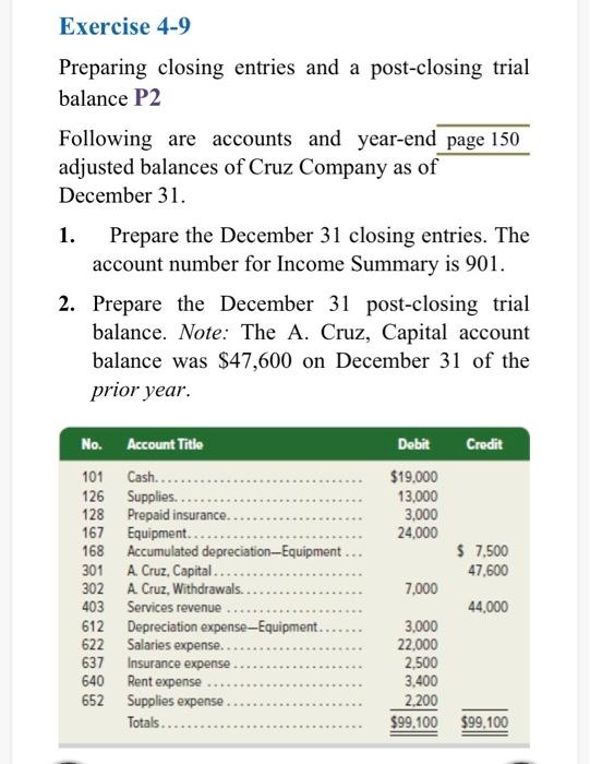 Solved Exercise 4 9 Preparing Closing Entries And A Chegg