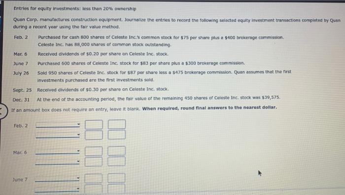 Solved Entries For Equity Investments Less Than Chegg