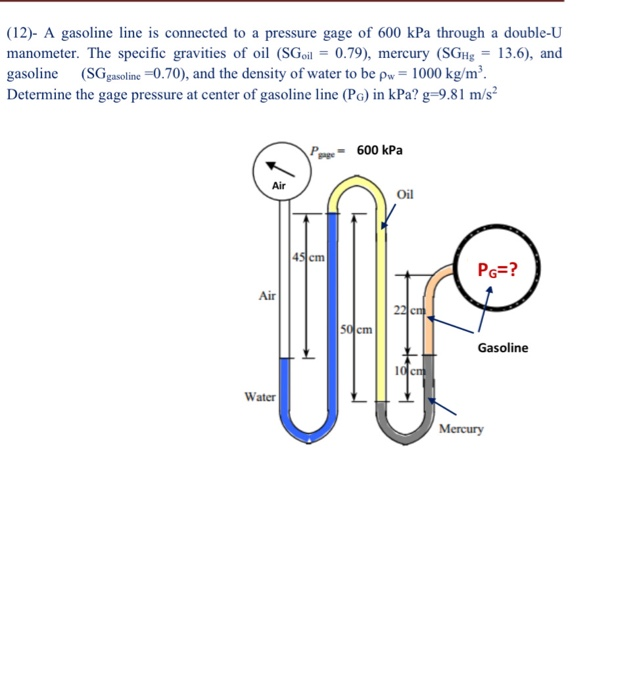 Solved 12 A Gasoline Line Is Connected To A Pressure Gage Chegg