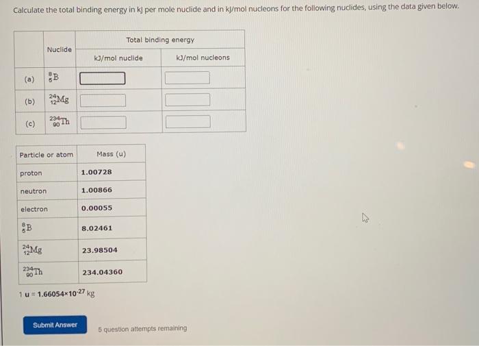 Solved Calculate The Total Binding Energy In KJ Per Mole Chegg