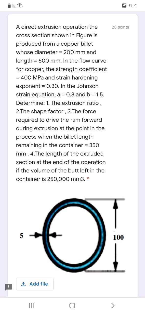 Solved 20 Points A Direct Extrusion Operation The Cross Chegg