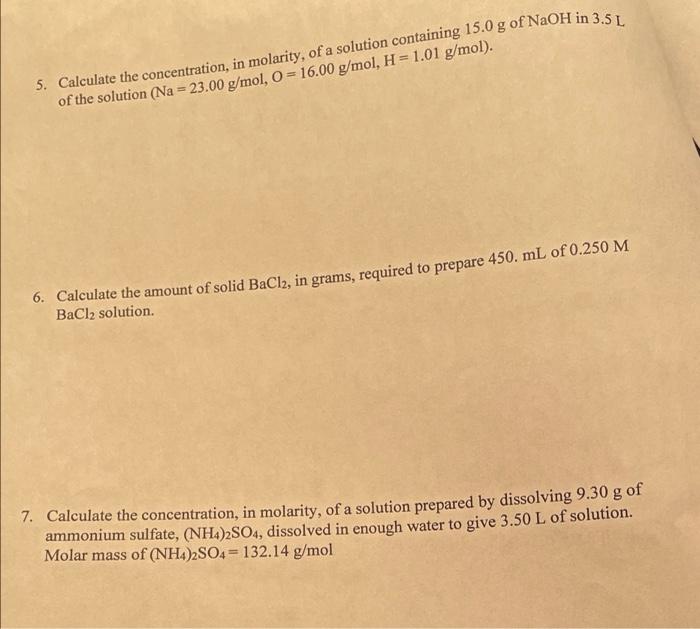 Solved Calculate The Concentration In Molarity Of A Chegg