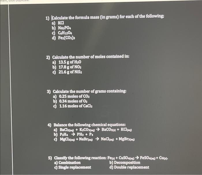 Solved 1 Calculate The Formula Mass In Grams For Each Of Chegg