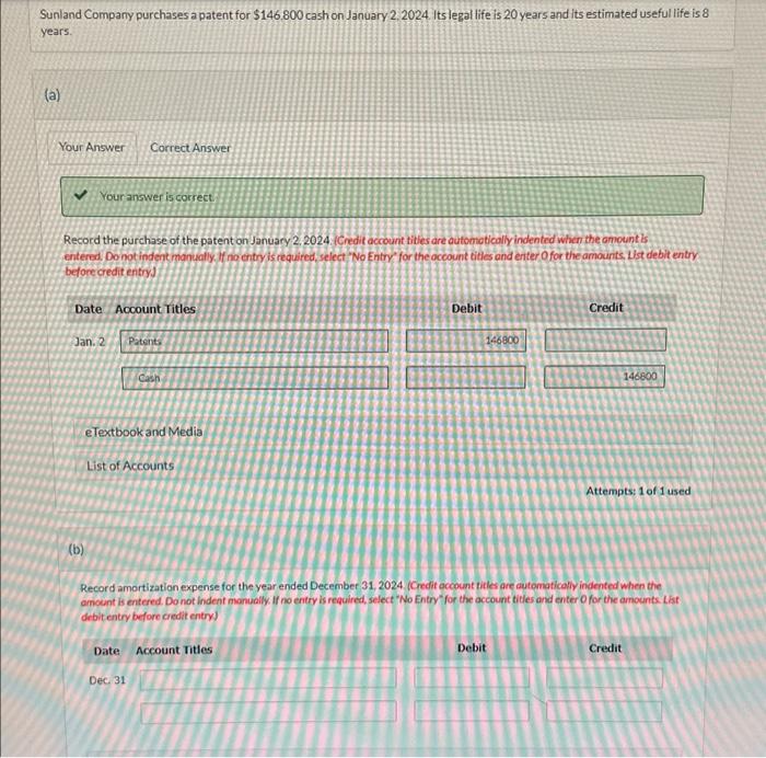 Solved Sunland Company Purchases A Patent For 146 800 Cash Chegg