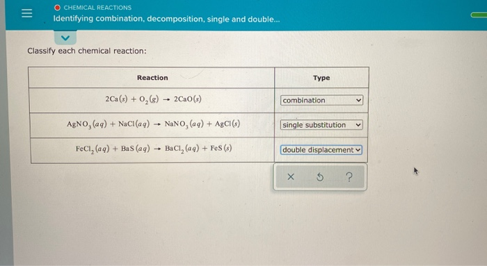 Solved O Chemical Reactions Identifying Combination Chegg