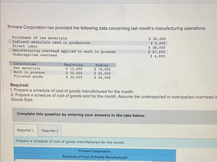 Solved Primare Corporation Has Provided The Following Data Chegg