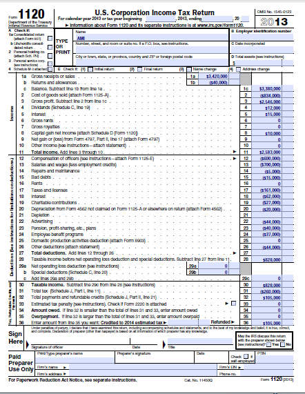 IRS Form 1120 2020 Corporation Income Tax Return 44 OFF