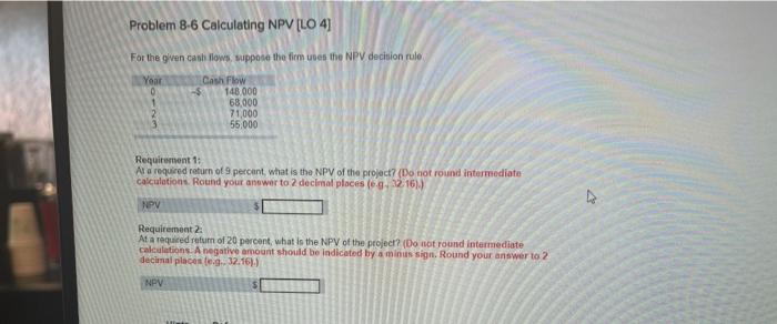 Solved Problem Calculating Npv Lo For The Given Cash Chegg