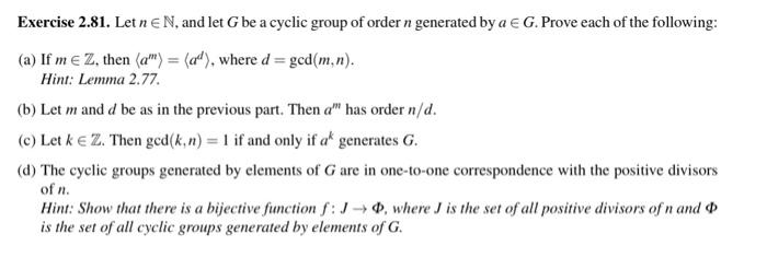 Solved Exercise 2 81 Let NN And Let G Be A Cyclic Group Chegg