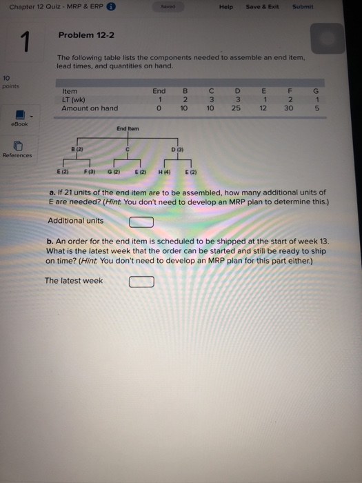 Question Chapter 12 Quiz MRP ERP O Saved Help Save Exit Submit