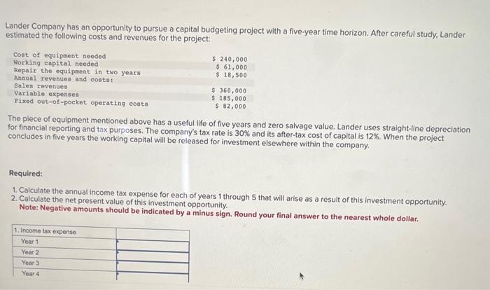 Solved Lander Company Has An Opportunity To Pursue A Capital Chegg